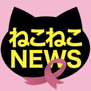 ねこねこNEWS_黒猫ロゴ＋ピンクリボン3_ピンク背景_510×510