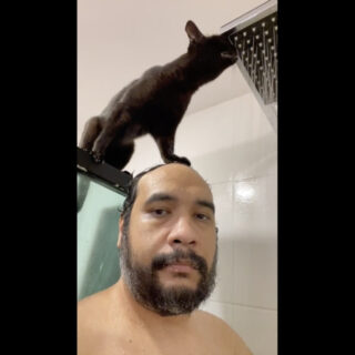 男性の頭を足場にしてシャワーの水を飲む黒猫