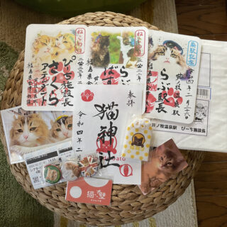 仙巌園 猫神社のお守りと来館記念証、芦ノ牧温泉駅の御朱印、『ボブという名の猫2』の缶バッジほか