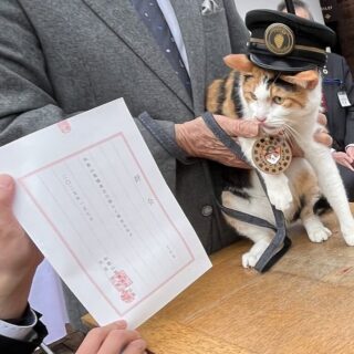 辞令交付を受けるごたま”ふく”駅長
