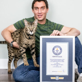 ギネス世界記録に認定されたサバンナキャットのフェンリル君と飼い主のウィリアム・ジョン・パワーズさん